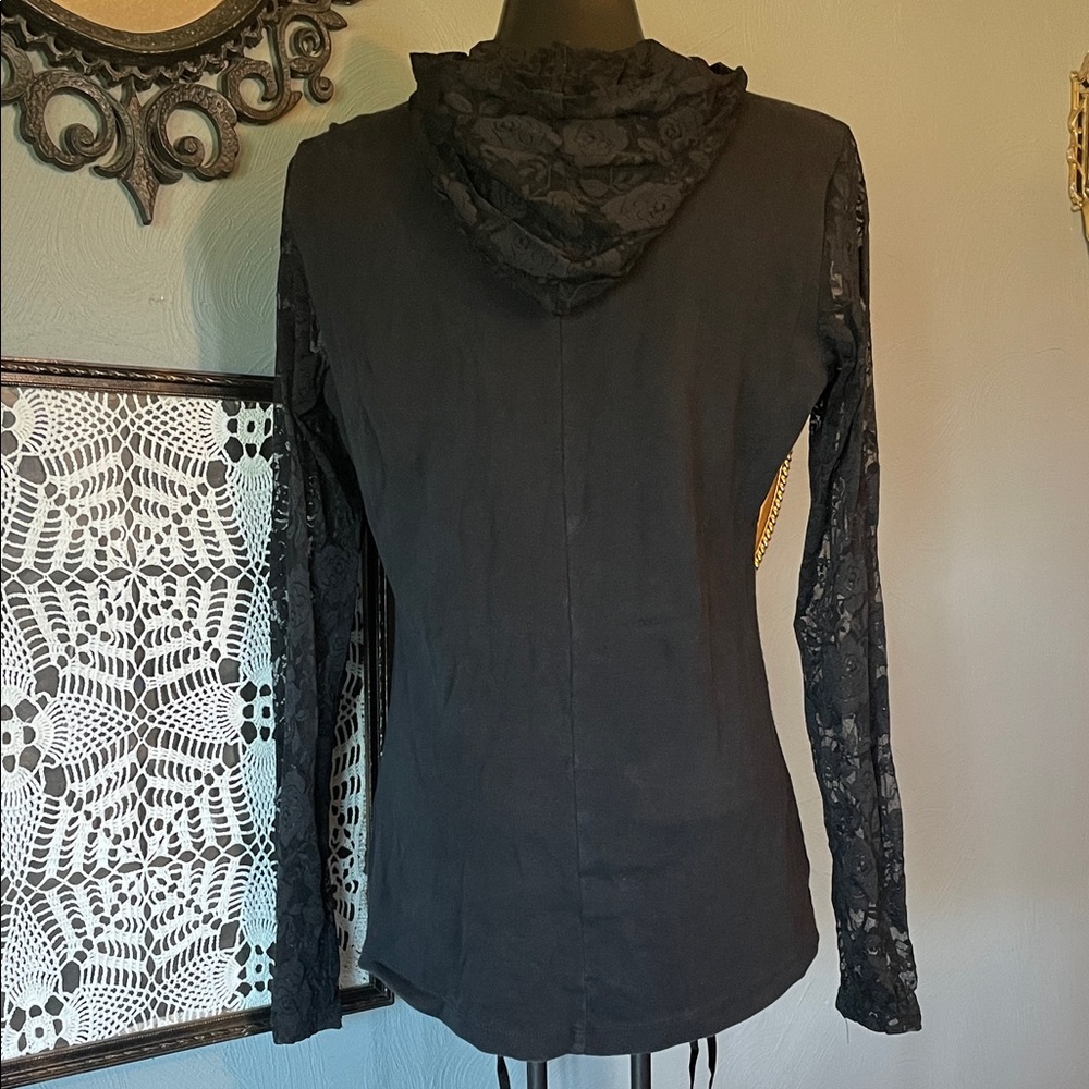 Royal Bones Black Floral Lace Zip Hoodie with Side Lace-Up - Picture 7 of 12